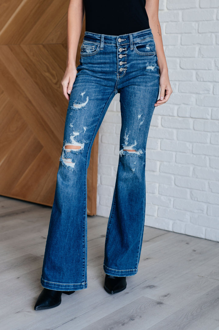 Marion Mid Rise Button Fly Flare with Destroy Fray Hem