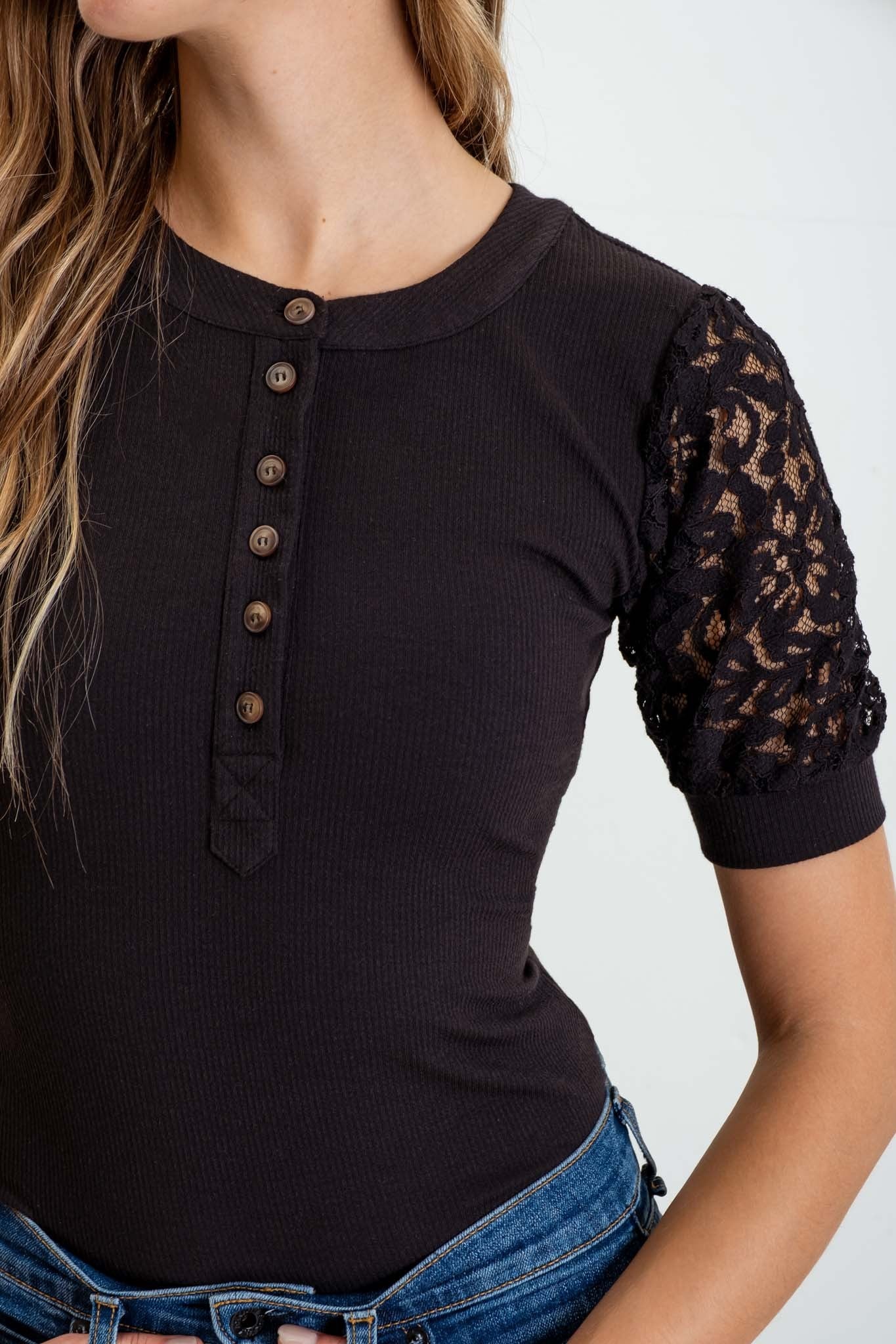 Half Button Lace Puff Sleeve Knit Top