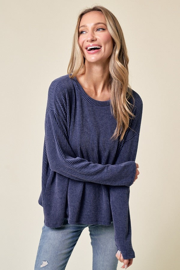 Navy Moa Rib Top Comfy Sweater