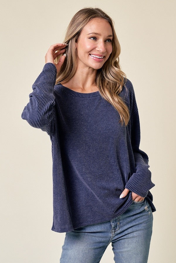 Navy Moa Rib Top Comfy Sweater