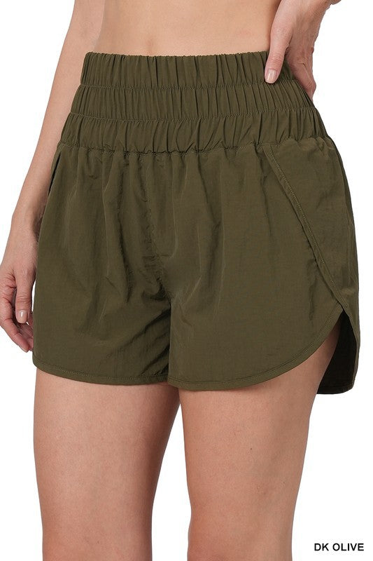 Olive Windbreaker Smocked Waistband Running Shorts