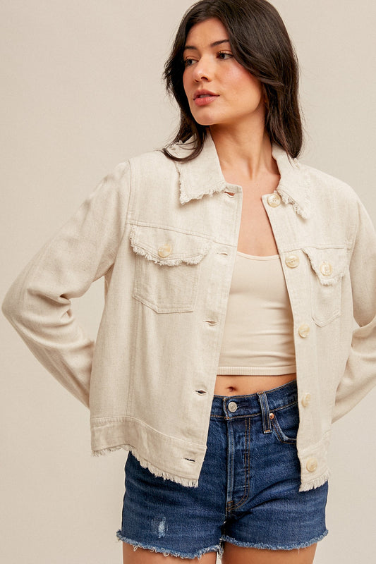 Cream Front Button Frayed Edge Jacket