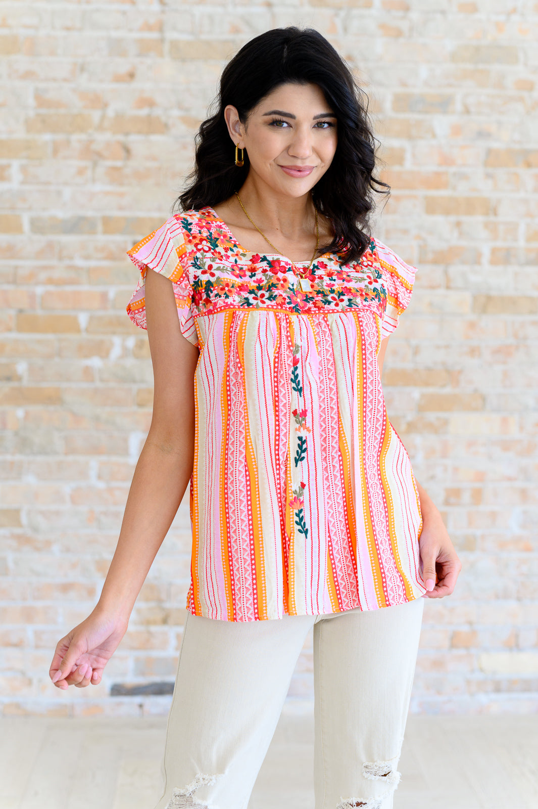 Orange Blossoms Flutter Sleeve Blouse