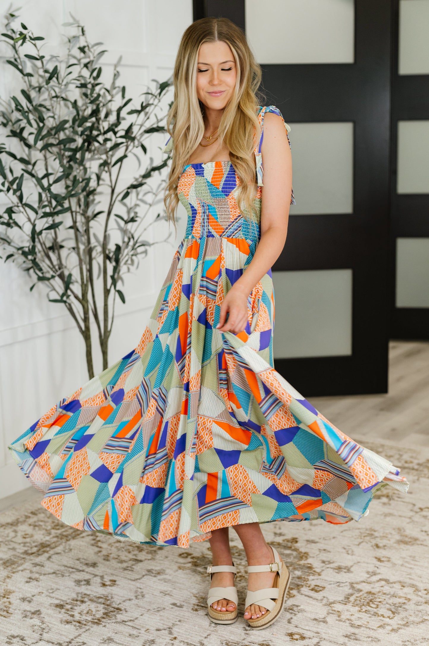 Paint Me Pretty Square Neck Dress in Lime, Blue and Tangerine
