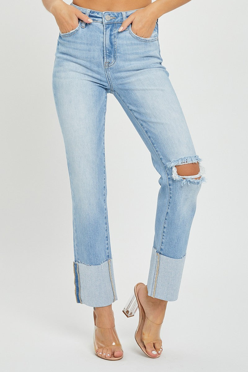 RISEN JEANS: High Rise Wide Cuffed Straight Jeans