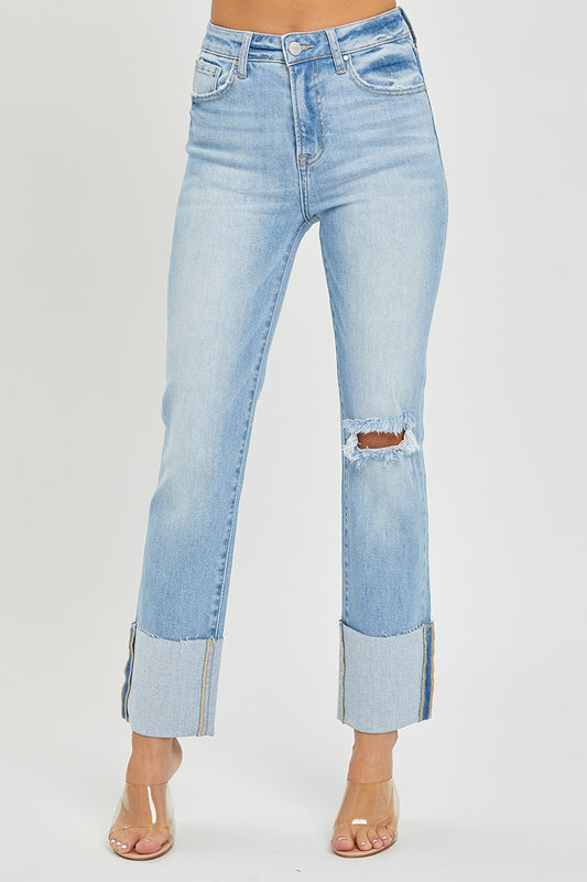 RISEN JEANS: High Rise Wide Cuffed Straight Jeans