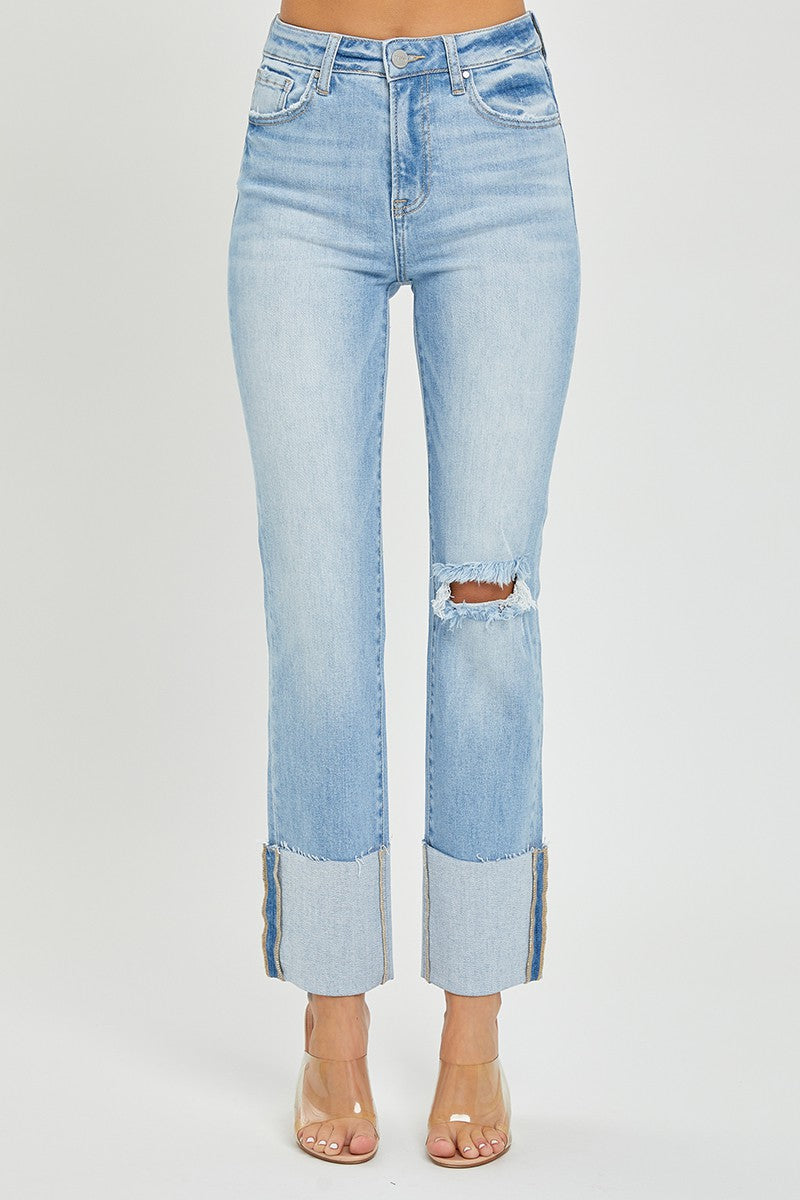 RISEN JEANS: High Rise Wide Cuffed Straight Jeans