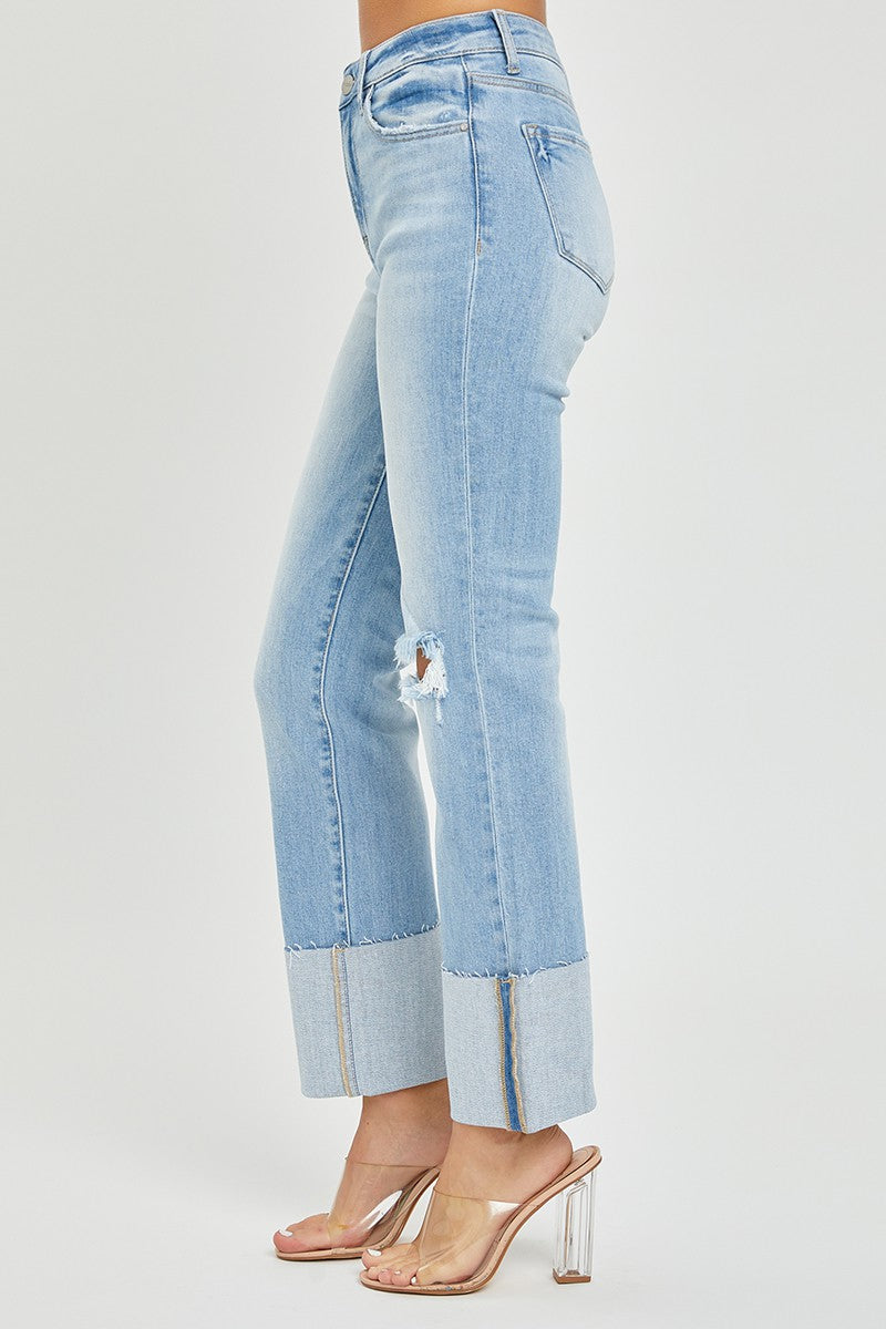 RISEN JEANS: High Rise Wide Cuffed Straight Jeans