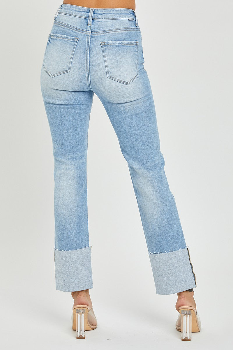 RISEN JEANS: High Rise Wide Cuffed Straight Jeans