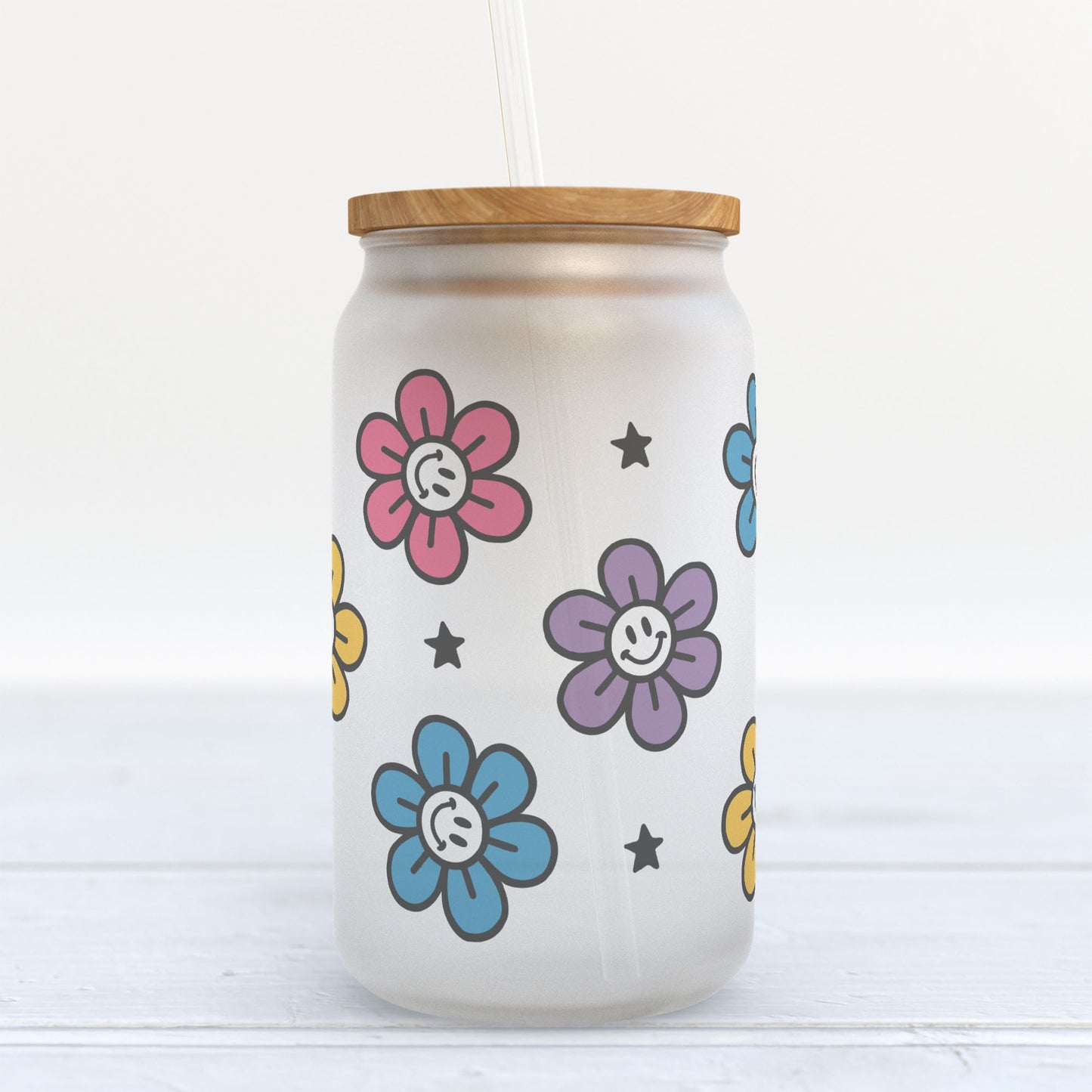 Retro Spring Daisy Frosted Glass Can Tumbler