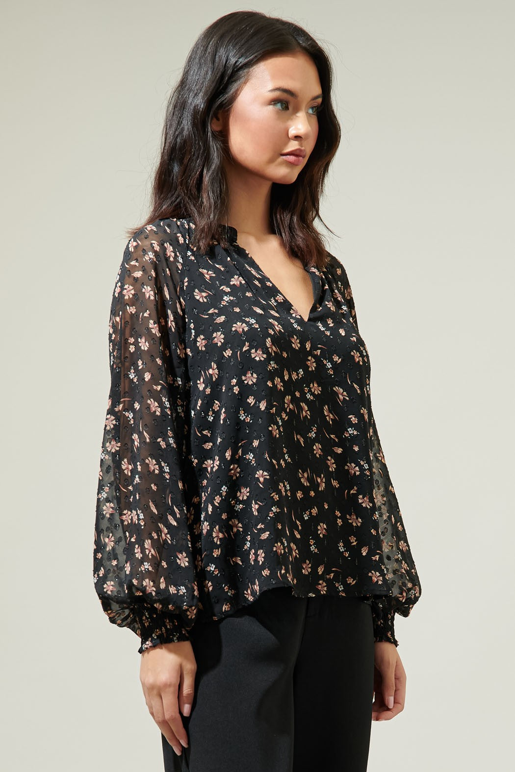 Women's Business Casual Floral Split Neck Blouse