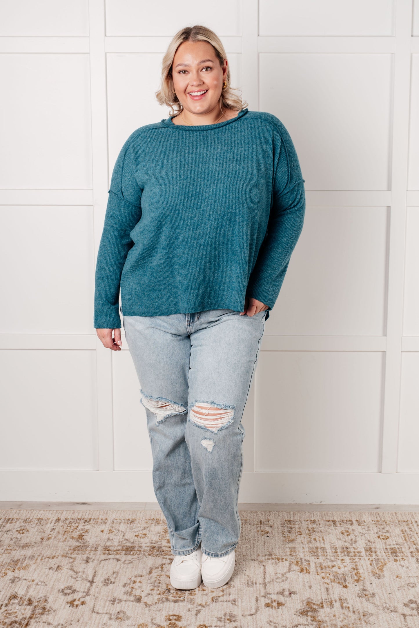 Simply Basic Ribbed Hacci Sweater in Teal