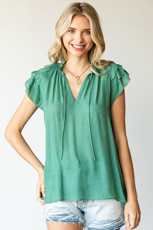 Green Solid Color Drawstring Flutter Sleeve Blouse