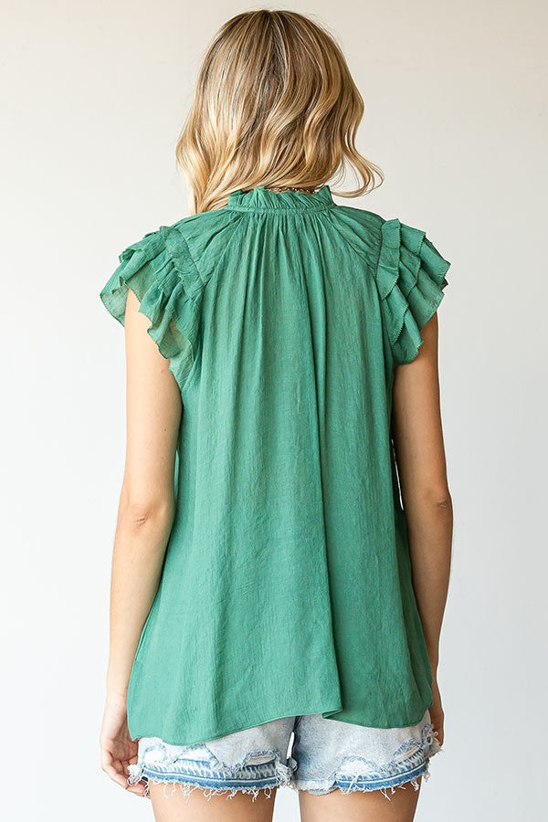 Green Solid Color Drawstring Flutter Sleeve Blouse