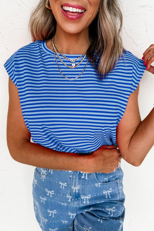 Stripe Ribbed Cap Sleeve Round Neck T Shirt