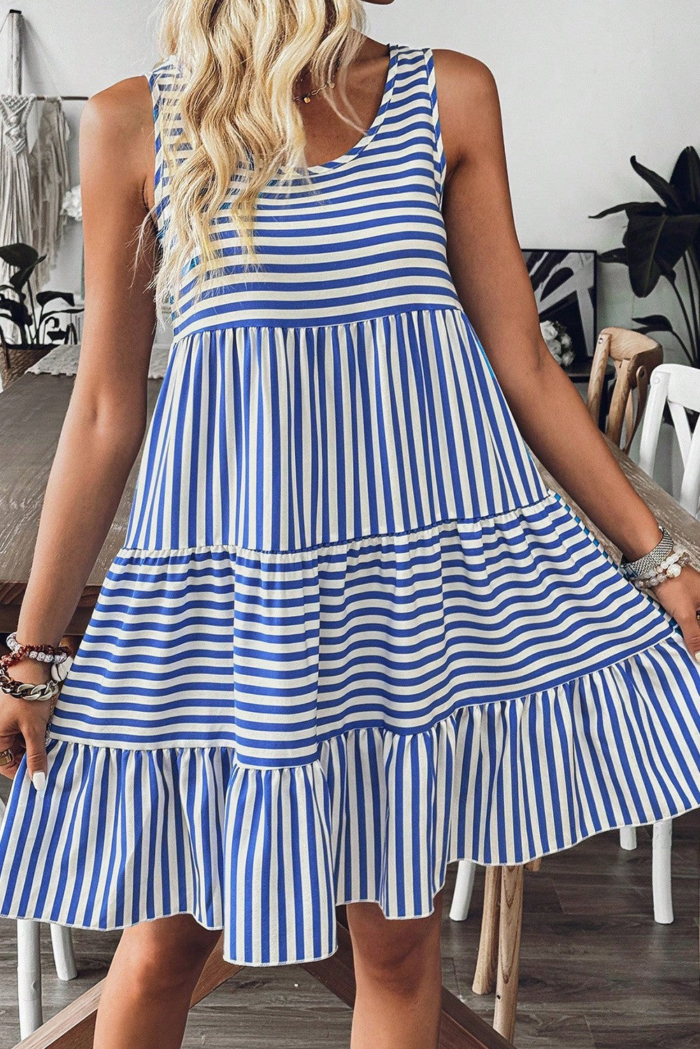 Stripe U Neck Sleeveless Loose Fit Mini Dress