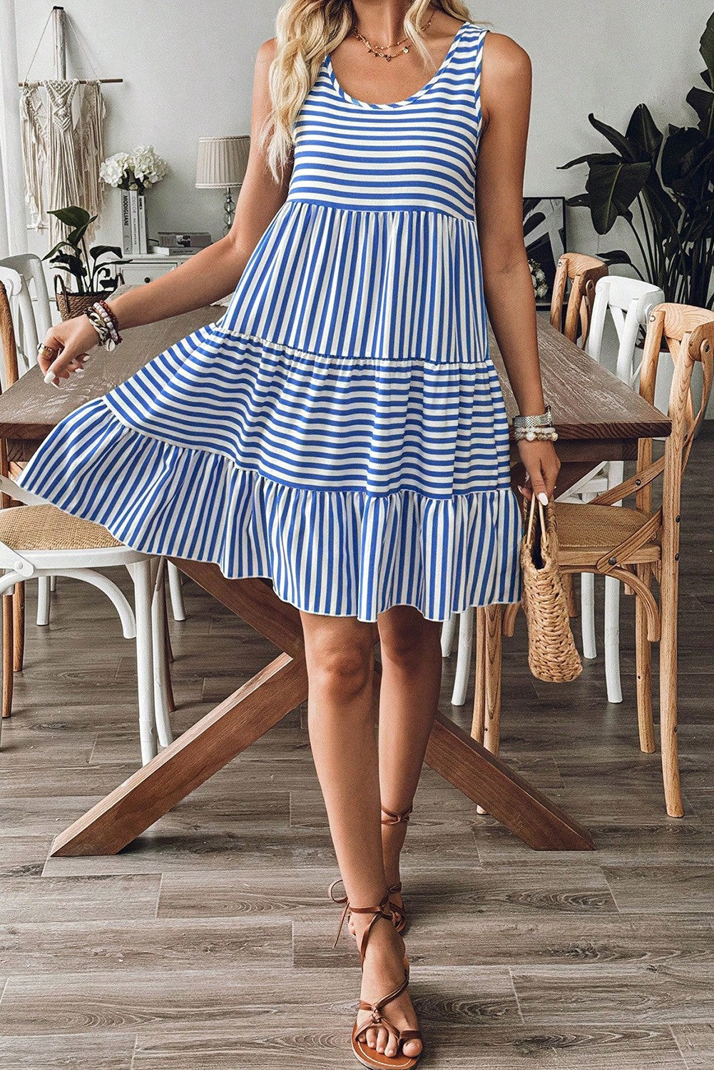 Stripe U Neck Sleeveless Loose Fit Mini Dress