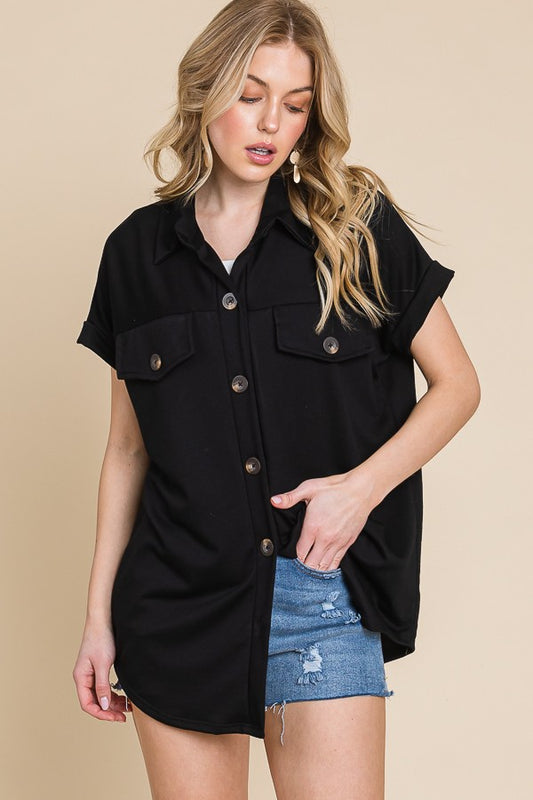 Black Summer Solid Button Down Top