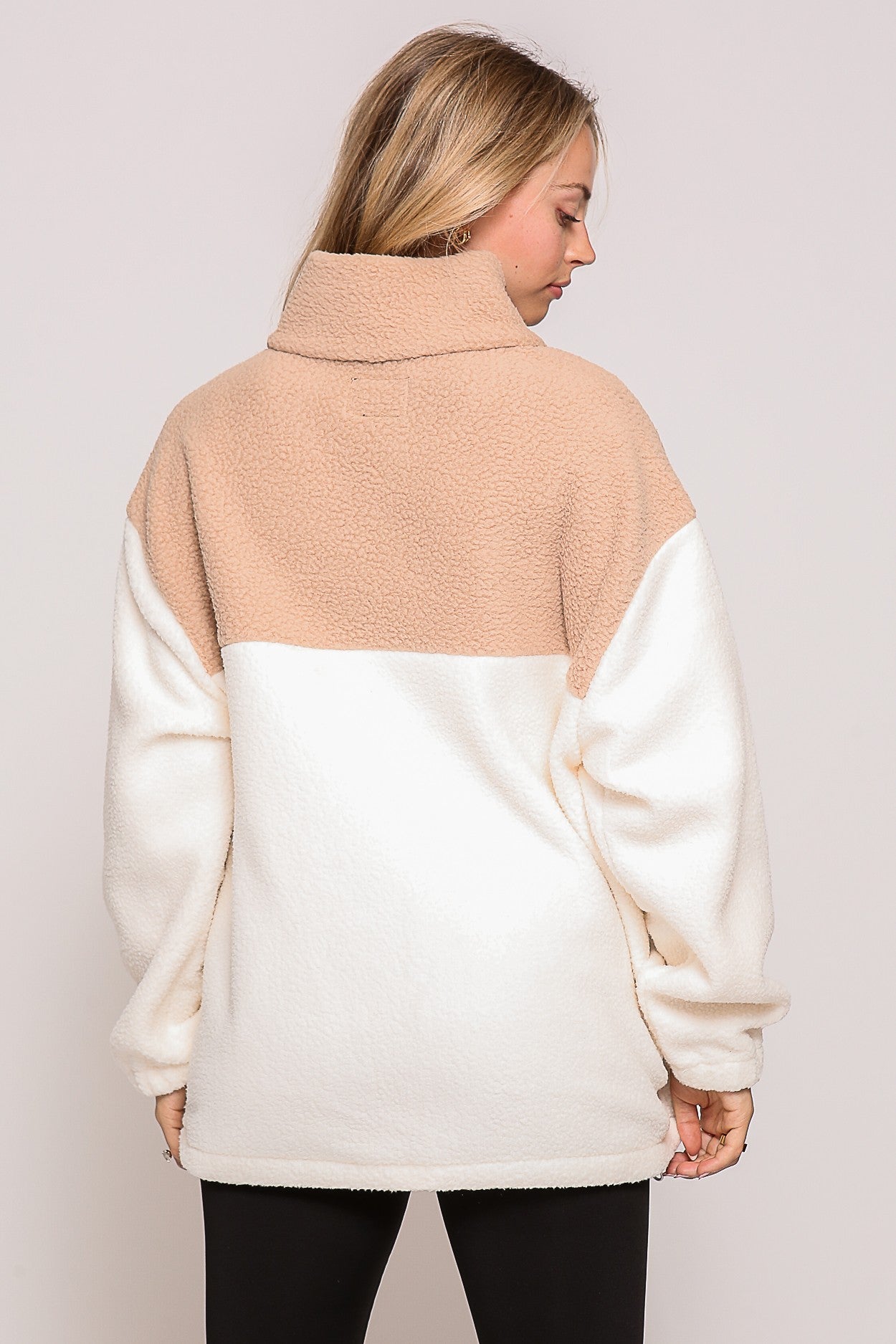 Taupe/Cream Color Block Sherpa Drawstring Jacket