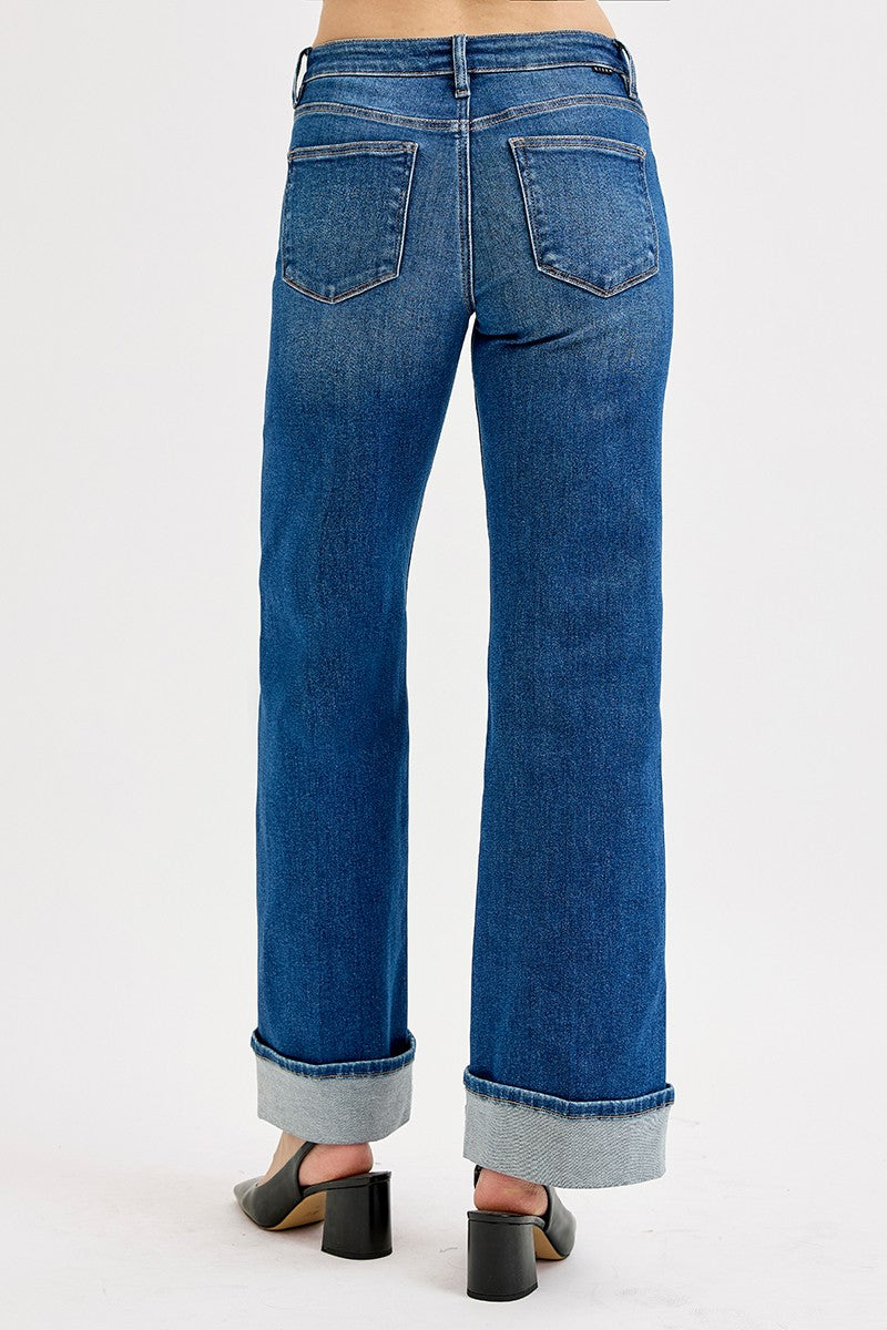 Tummy Control Mid Rise Wide Cuffed Jeans