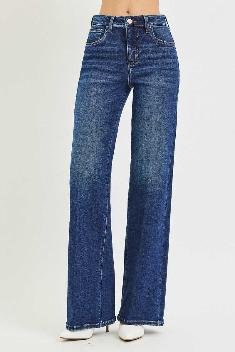 RISEN: Tummy Control High Rise Wide Leg Jeans With Crease Line