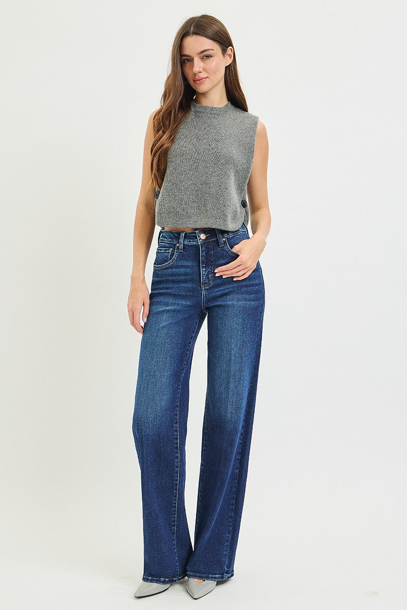RISEN: Tummy Control High Rise Wide Leg Jeans With Crease Line