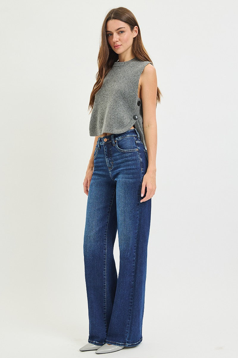 RISEN: Tummy Control High Rise Wide Leg Jeans With Crease Line