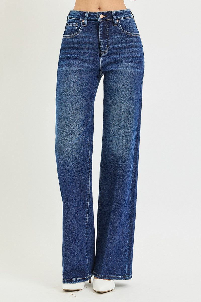 RISEN: Tummy Control High Rise Wide Leg Jeans With Crease Line