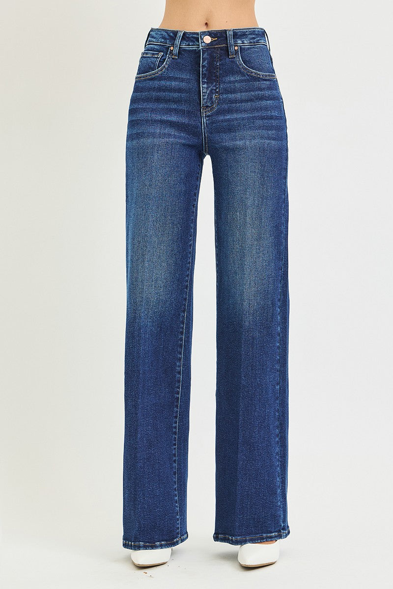 RISEN: Tummy Control High Rise Wide Leg Jeans With Crease Line