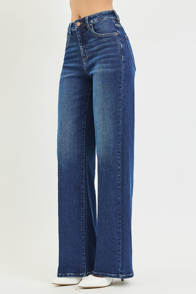 RISEN: Tummy Control High Rise Wide Leg Jeans With Crease Line
