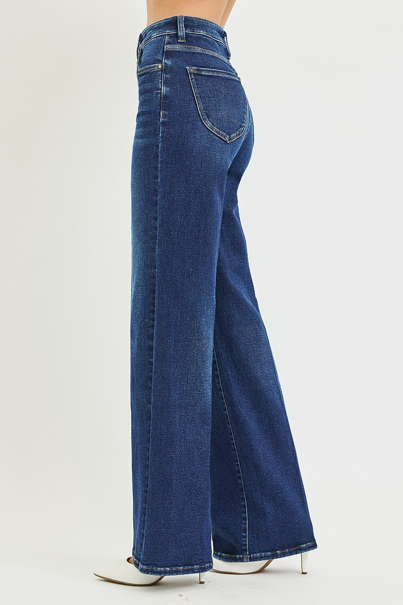 RISEN: Tummy Control High Rise Wide Leg Jeans With Crease Line