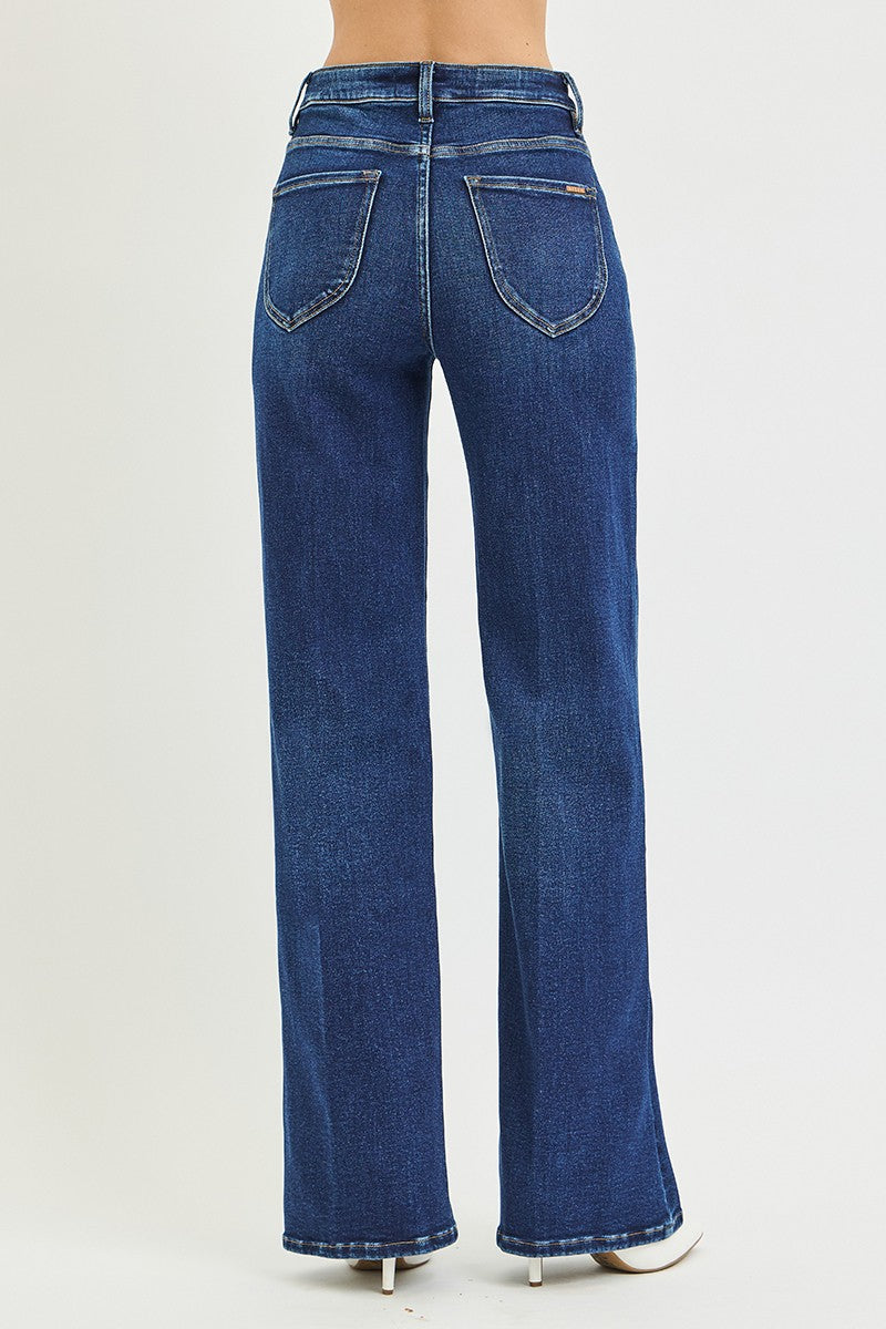 RISEN: Tummy Control High Rise Wide Leg Jeans With Crease Line