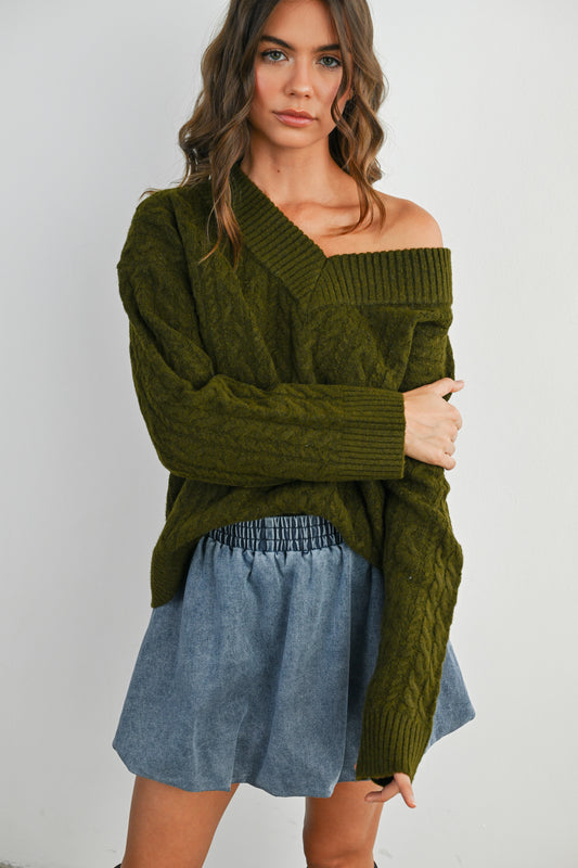 Olive V-neck Cable-knit Long Sleeve Top
