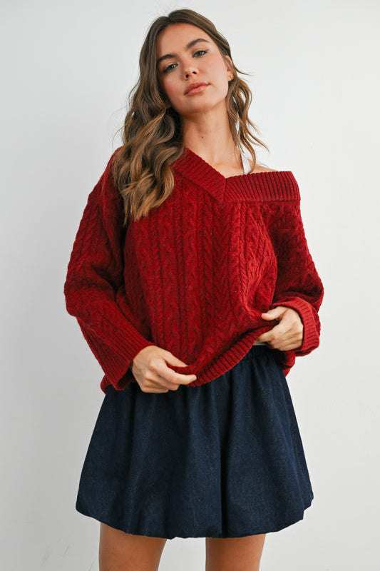 Wine V-neck Cable-knit Long Sleeve Top