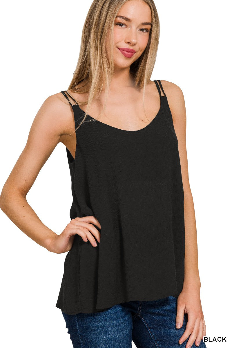 Woven Crinkle Double Spaghetti Strap V-Neck Cami