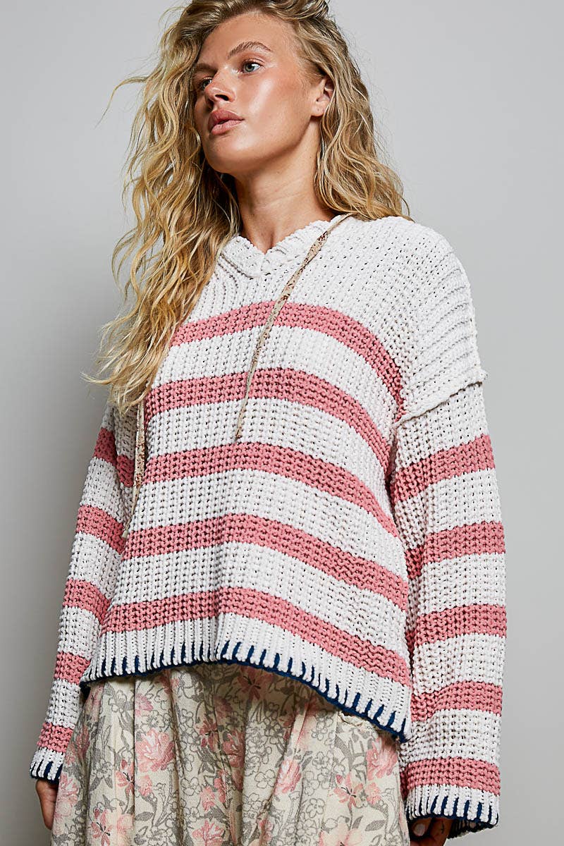 Hoodie V-neck Striped Long Sleeve Stitch Chenille Sweater: IVORY/PINK