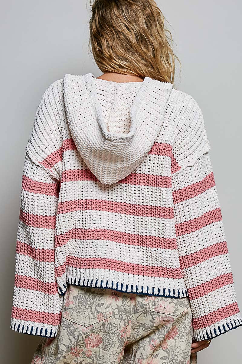 Hoodie V-neck Striped Long Sleeve Stitch Chenille Sweater: IVORY/PINK