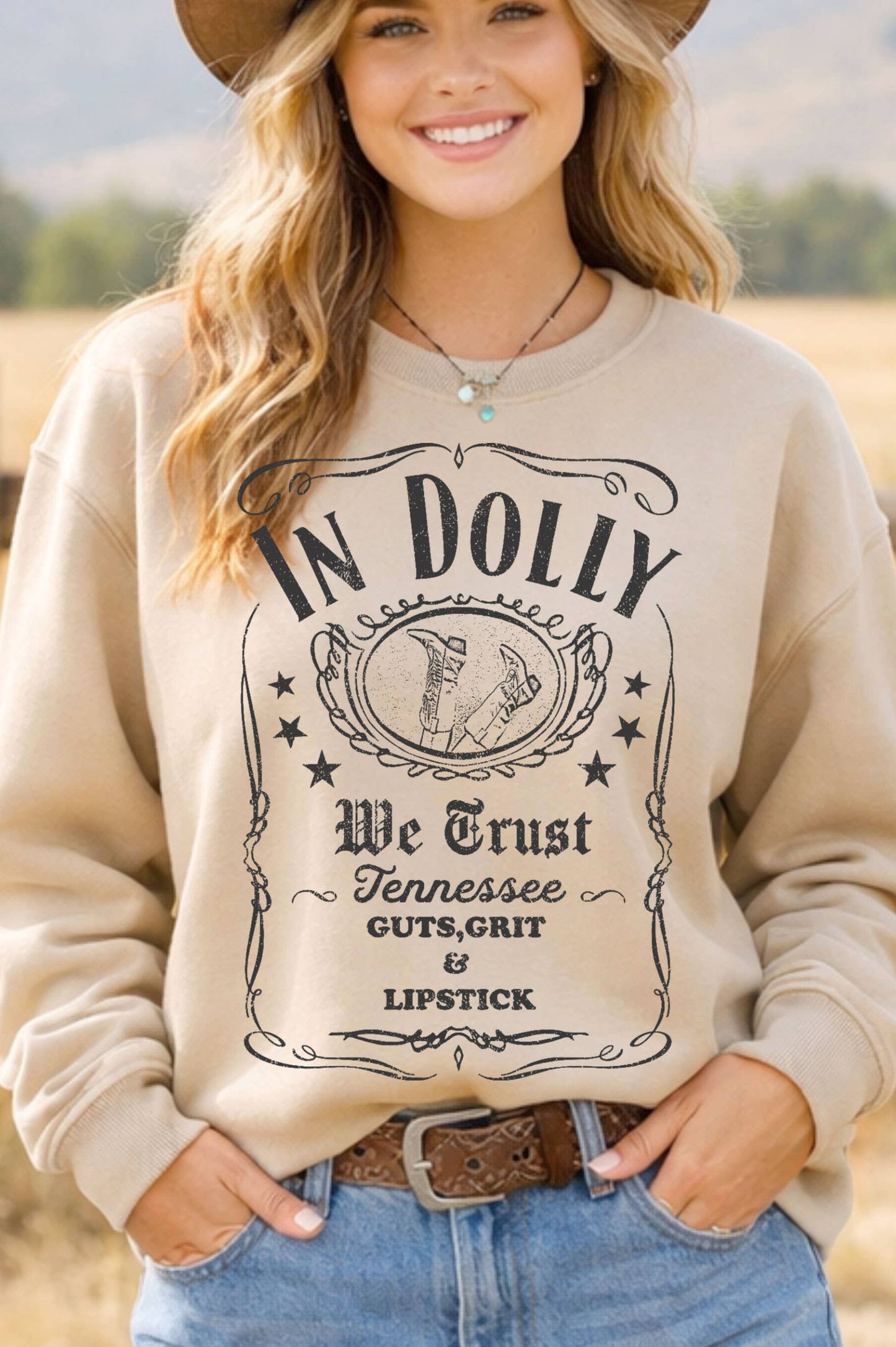 IN DOLLY WE TRUST GRAPHIC BRUSHED SWEATSHIRTS: OAT