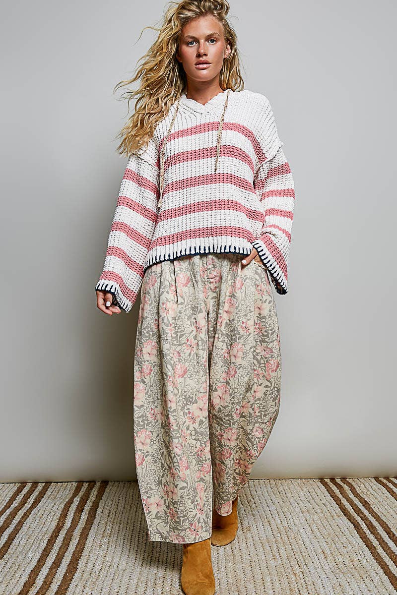 Hoodie V-neck Striped Long Sleeve Stitch Chenille Sweater: IVORY/PINK