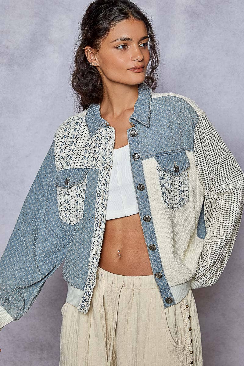 Vintage Washed Crochet Patch Solid Twill Jacket: DENIM MULTI
