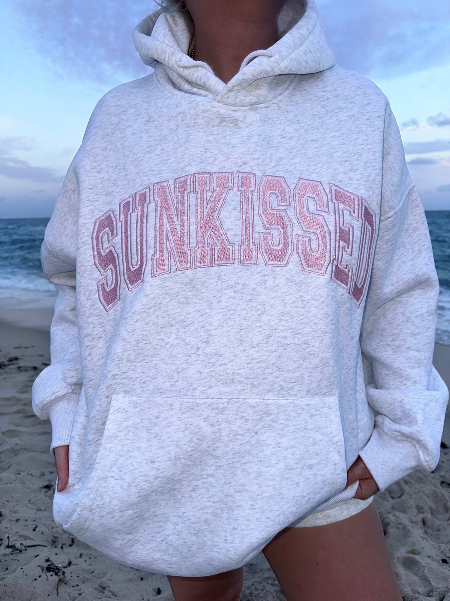 Pearl Grey w/ Pink Thread Sunkissed Varsity Embroider Hoodie