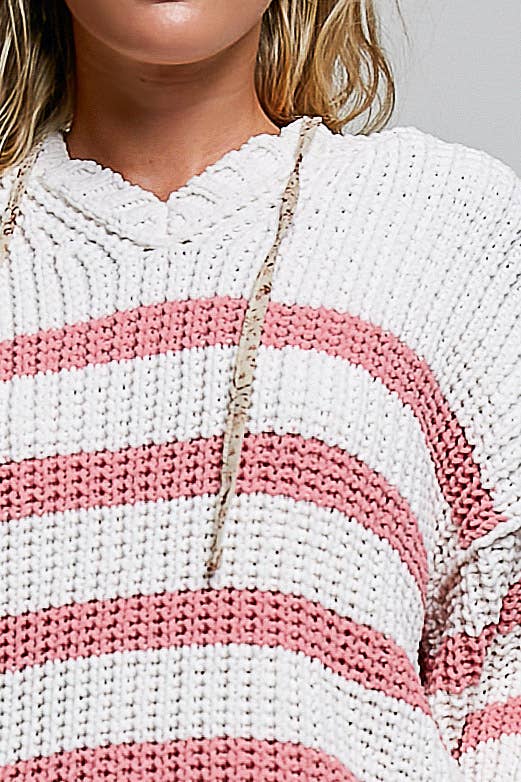 Hoodie V-neck Striped Long Sleeve Stitch Chenille Sweater: IVORY/PINK